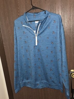 Waggle Men's Blue Shark Graphic 1/4 Zip Mock Neck Golf Pullover L